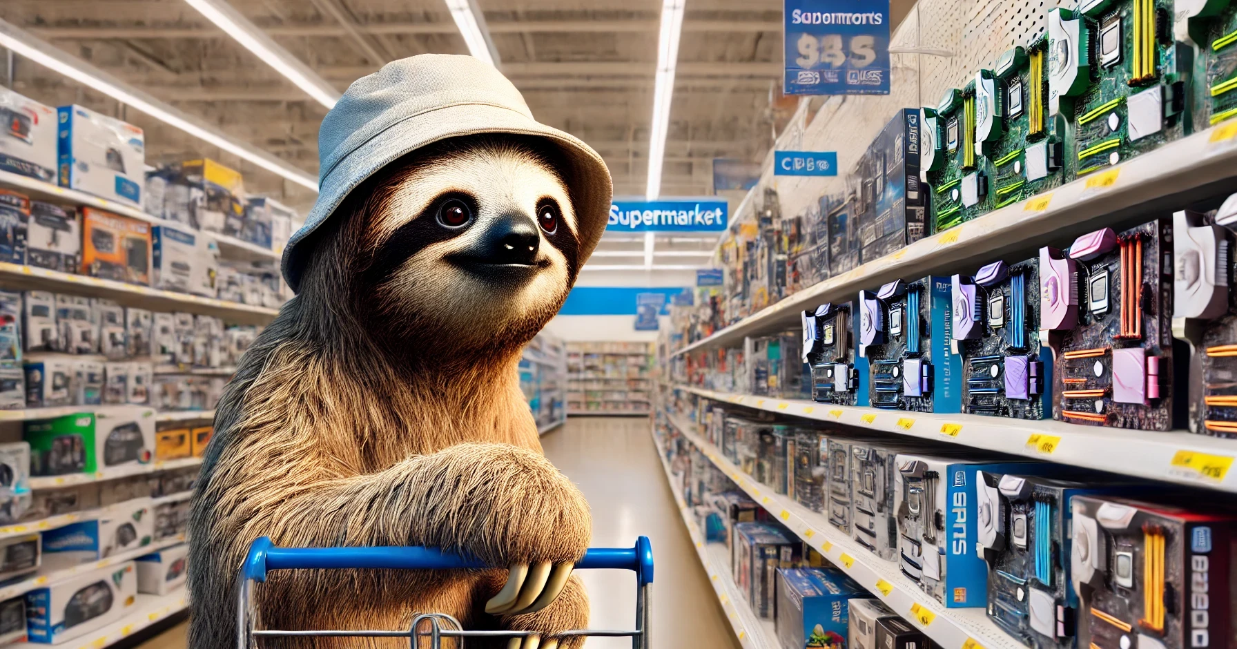 An inquisitive sloth looks at computer parts in a supermarket