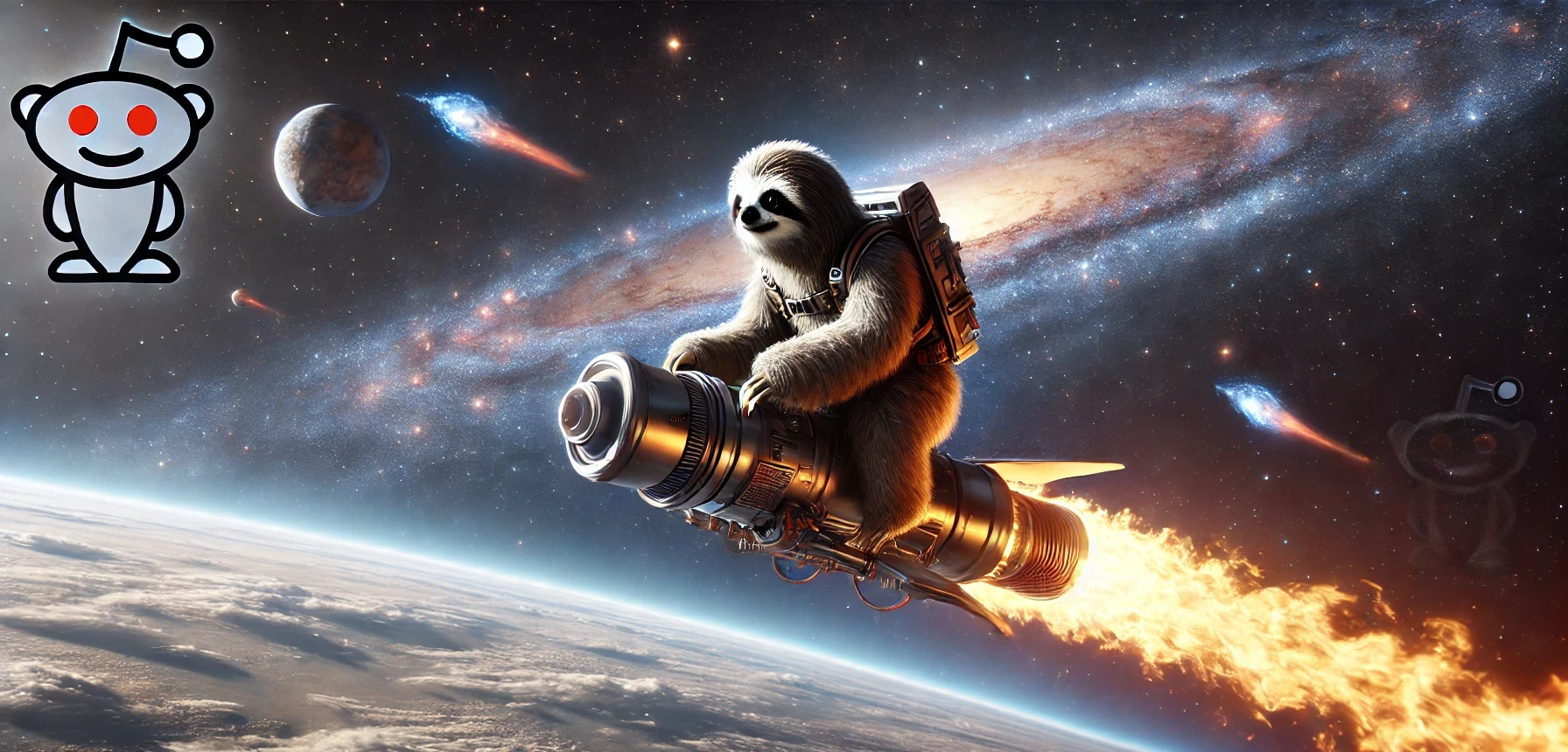 A sloth in space on a jet pack with the Reddit logo