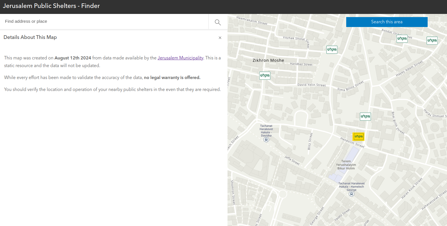 Jerusalem Public Shelter Finder - ArcGIS App